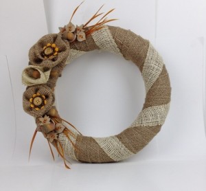button wreath with burlap
